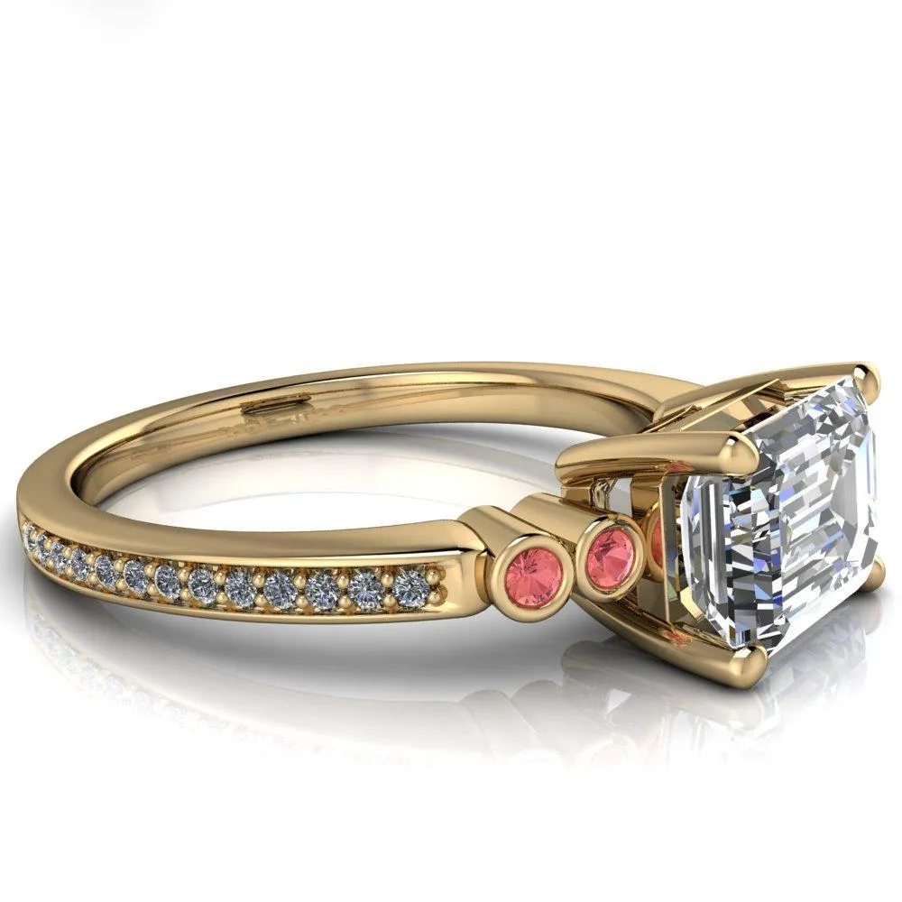 Philippa Emerald Moissanite 4 Padparadscha Sapphire Sides 4 Prong Under Bezel Multi Stone Engagement Ring