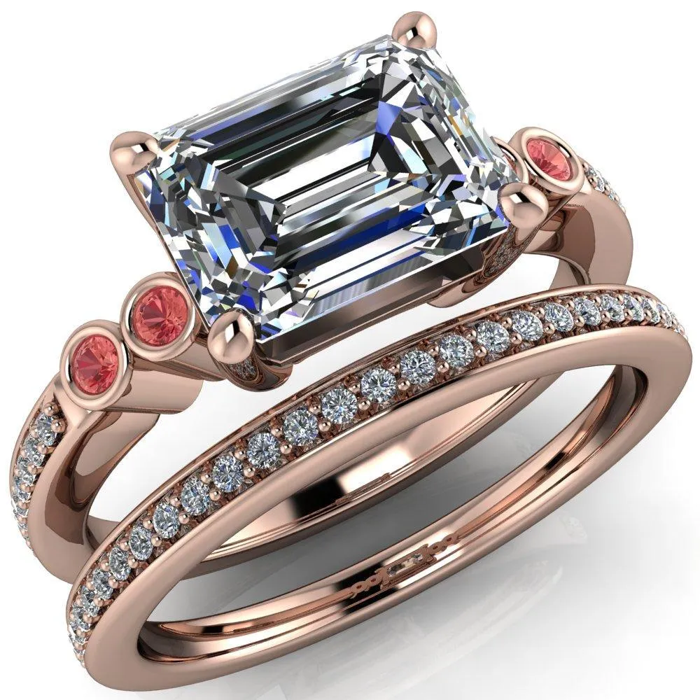 Philippa Emerald Moissanite 4 Padparadscha Sapphire Sides 4 Prong Under Bezel Multi Stone Engagement Ring