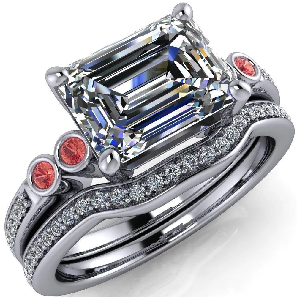 Philippa Emerald Moissanite 4 Padparadscha Sapphire Sides 4 Prong Under Bezel Multi Stone Engagement Ring