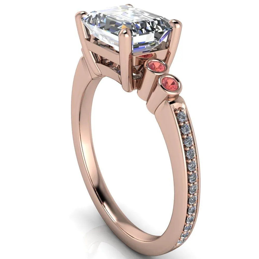 Philippa Emerald Moissanite 4 Padparadscha Sapphire Sides 4 Prong Under Bezel Multi Stone Engagement Ring