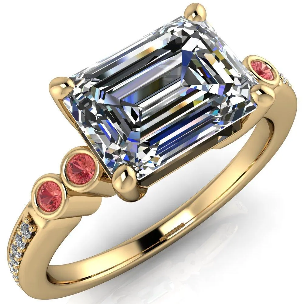 Philippa Emerald Moissanite 4 Padparadscha Sapphire Sides 4 Prong Under Bezel Multi Stone Engagement Ring