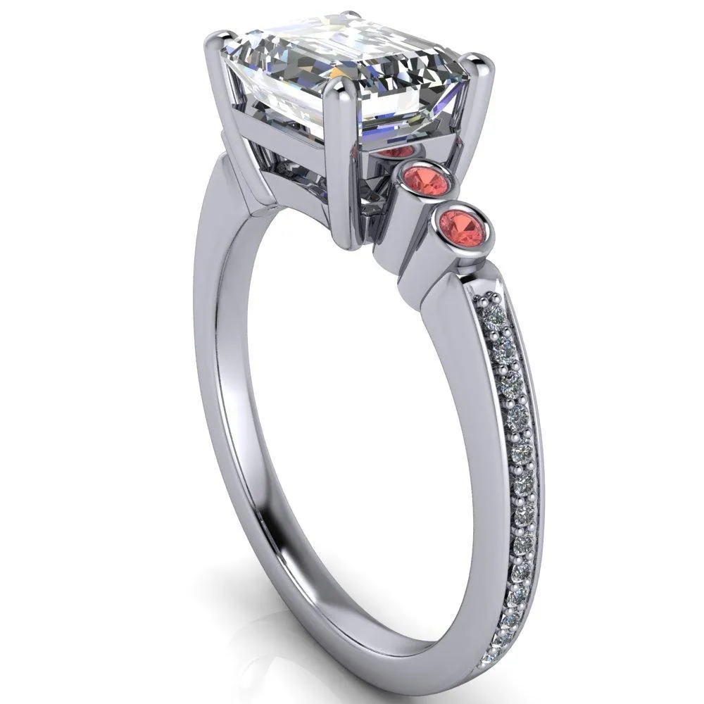 Philippa Emerald Moissanite 4 Padparadscha Sapphire Sides 4 Prong Under Bezel Multi Stone Engagement Ring