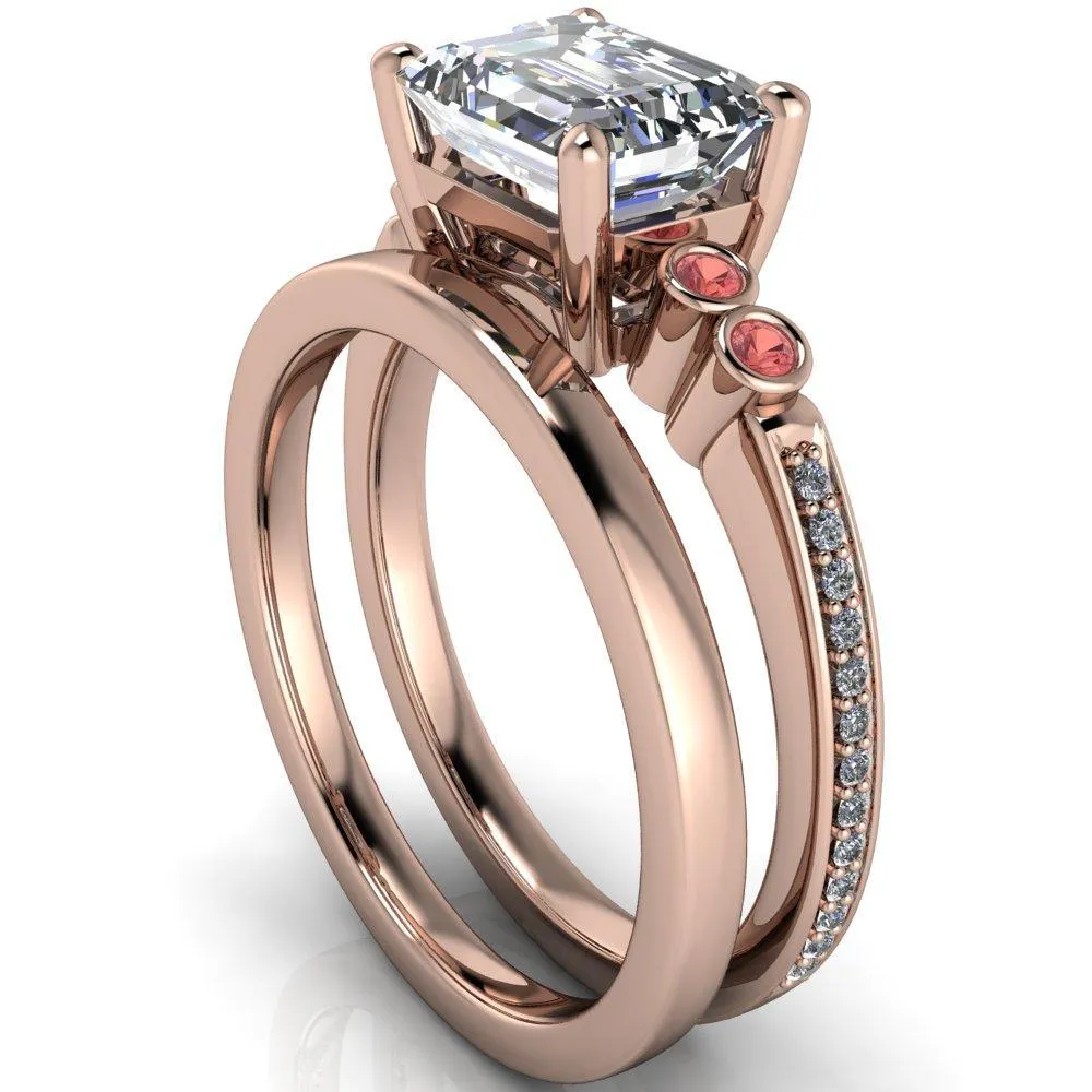 Philippa Emerald Moissanite 4 Padparadscha Sapphire Sides 4 Prong Under Bezel Multi Stone Engagement Ring