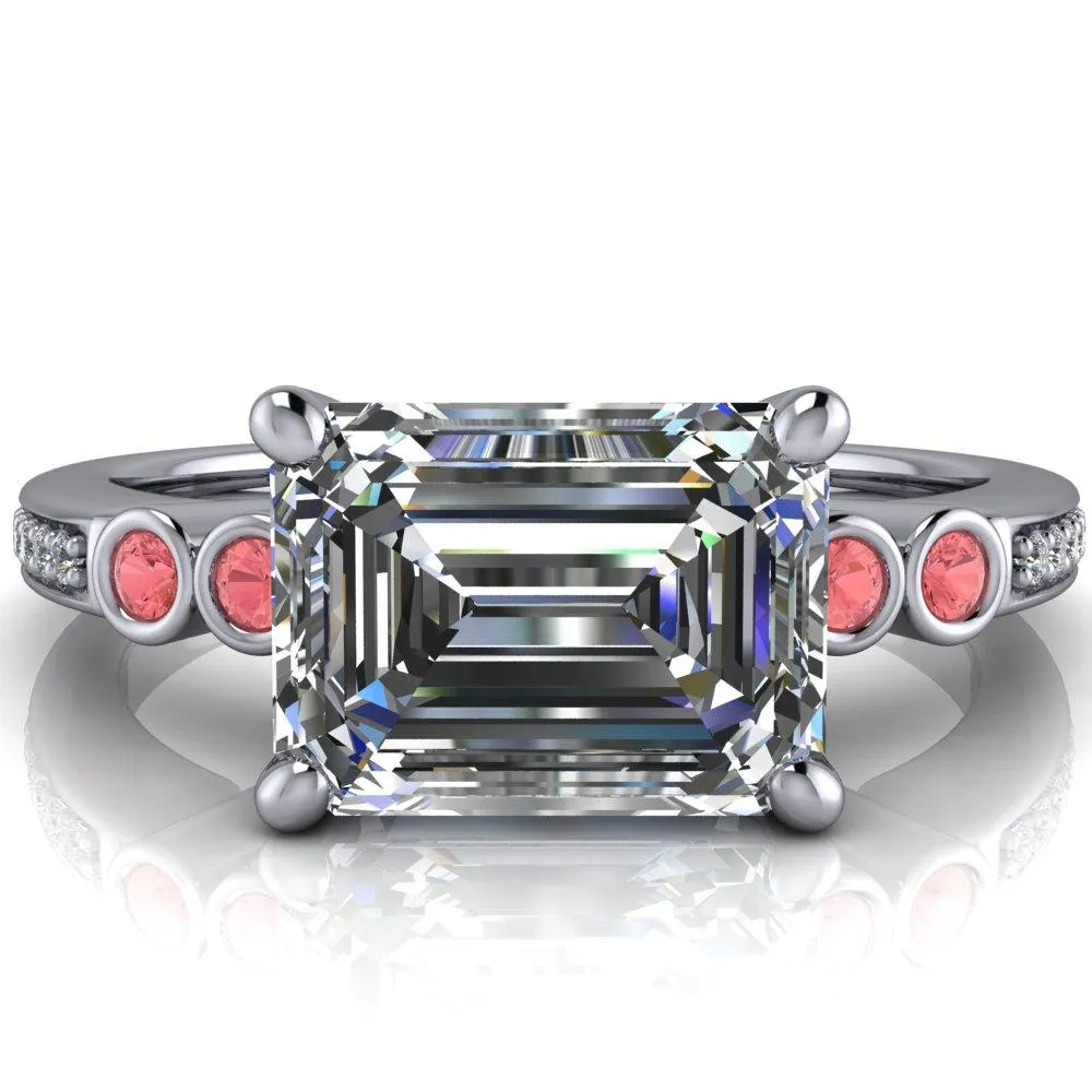 Philippa Emerald Moissanite 4 Padparadscha Sapphire Sides 4 Prong Under Bezel Multi Stone Engagement Ring