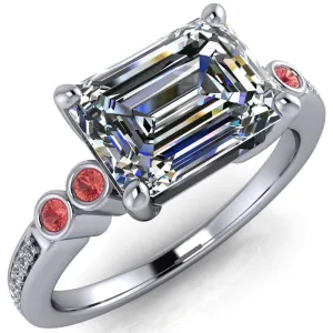 Philippa Emerald Moissanite 4 Padparadscha Sapphire Sides 4 Prong Under Bezel Multi Stone Engagement Ring