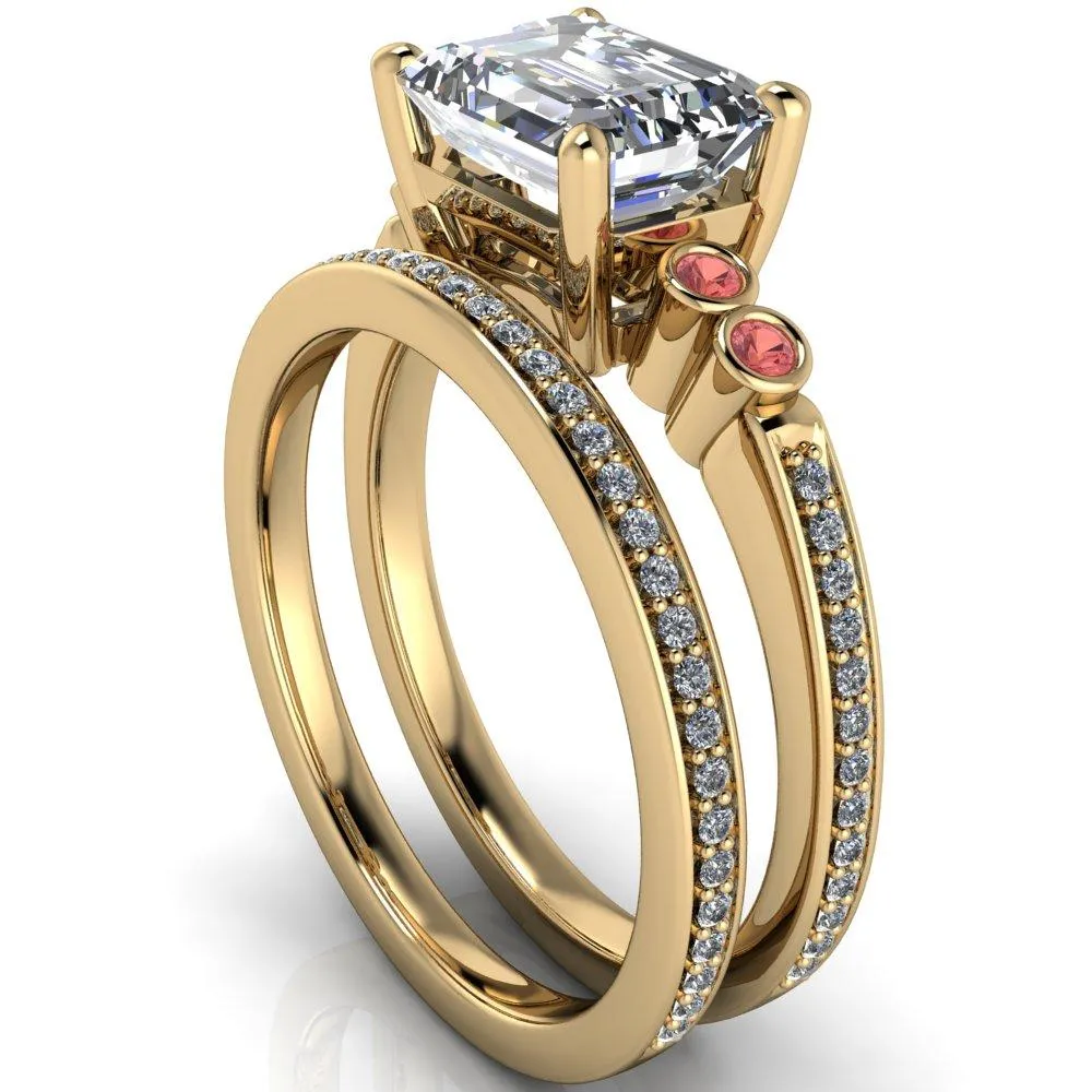 Philippa Emerald Moissanite 4 Padparadscha Sapphire Sides 4 Prong Under Bezel Multi Stone Engagement Ring