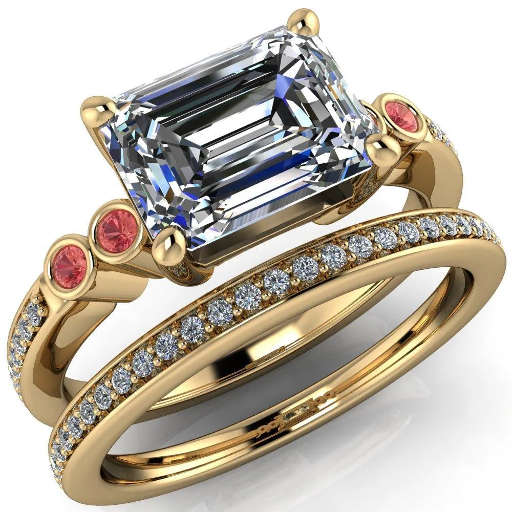 Philippa Emerald Moissanite 4 Padparadscha Sapphire Sides 4 Prong Under Bezel Multi Stone Engagement Ring