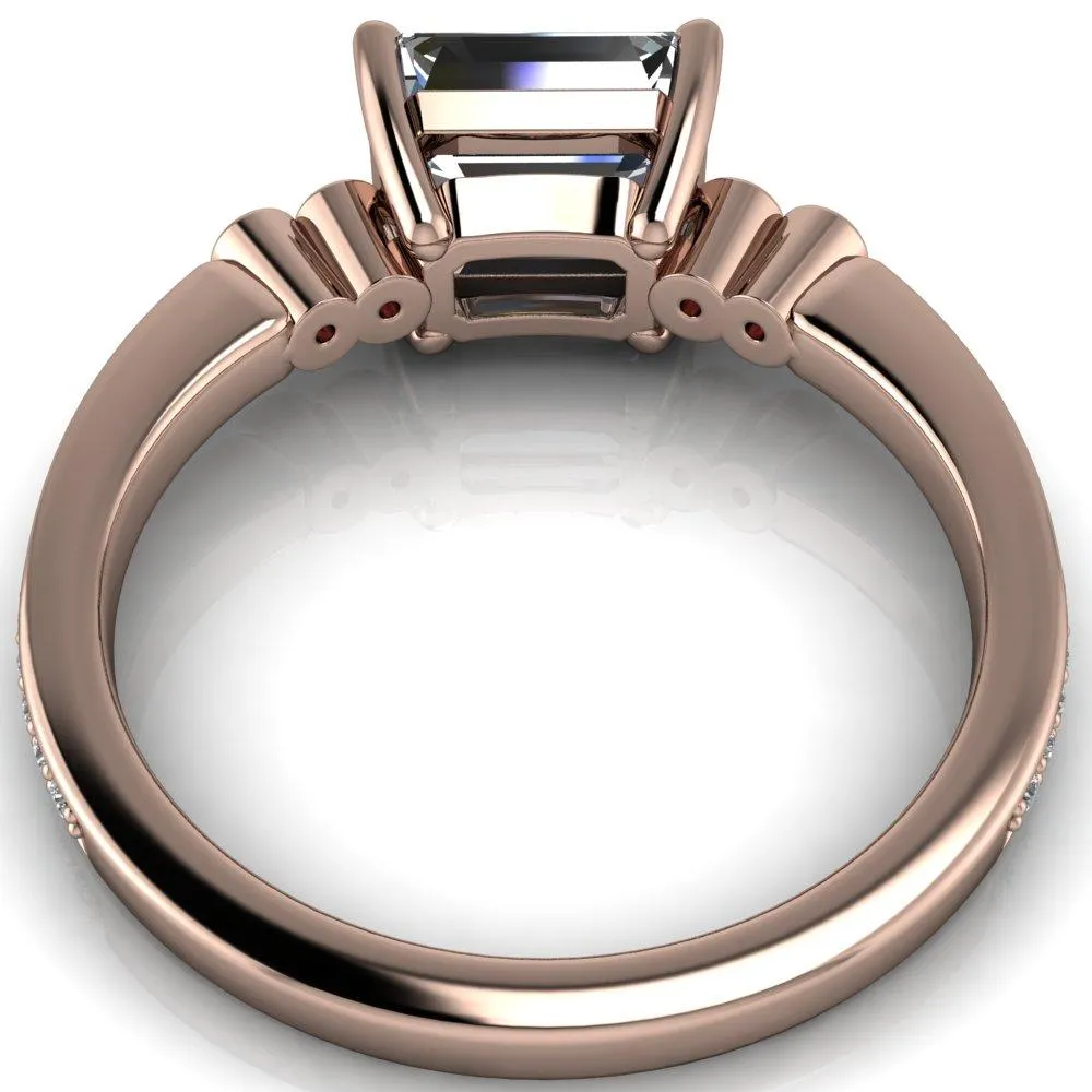 Philippa Emerald Moissanite 4 Padparadscha Sapphire Sides 4 Prong Under Bezel Multi Stone Engagement Ring