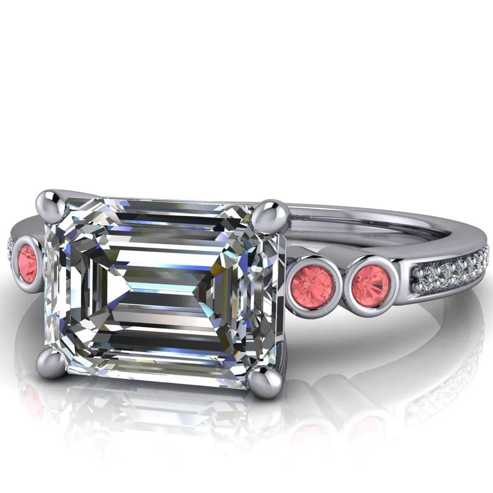 Philippa Emerald Moissanite 4 Padparadscha Sapphire Sides 4 Prong Under Bezel Multi Stone Engagement Ring