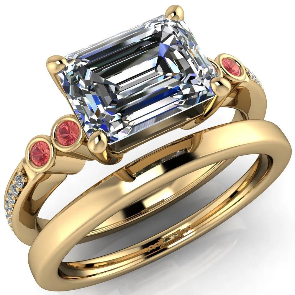 Philippa Emerald Moissanite 4 Padparadscha Sapphire Sides 4 Prong Under Bezel Multi Stone Engagement Ring
