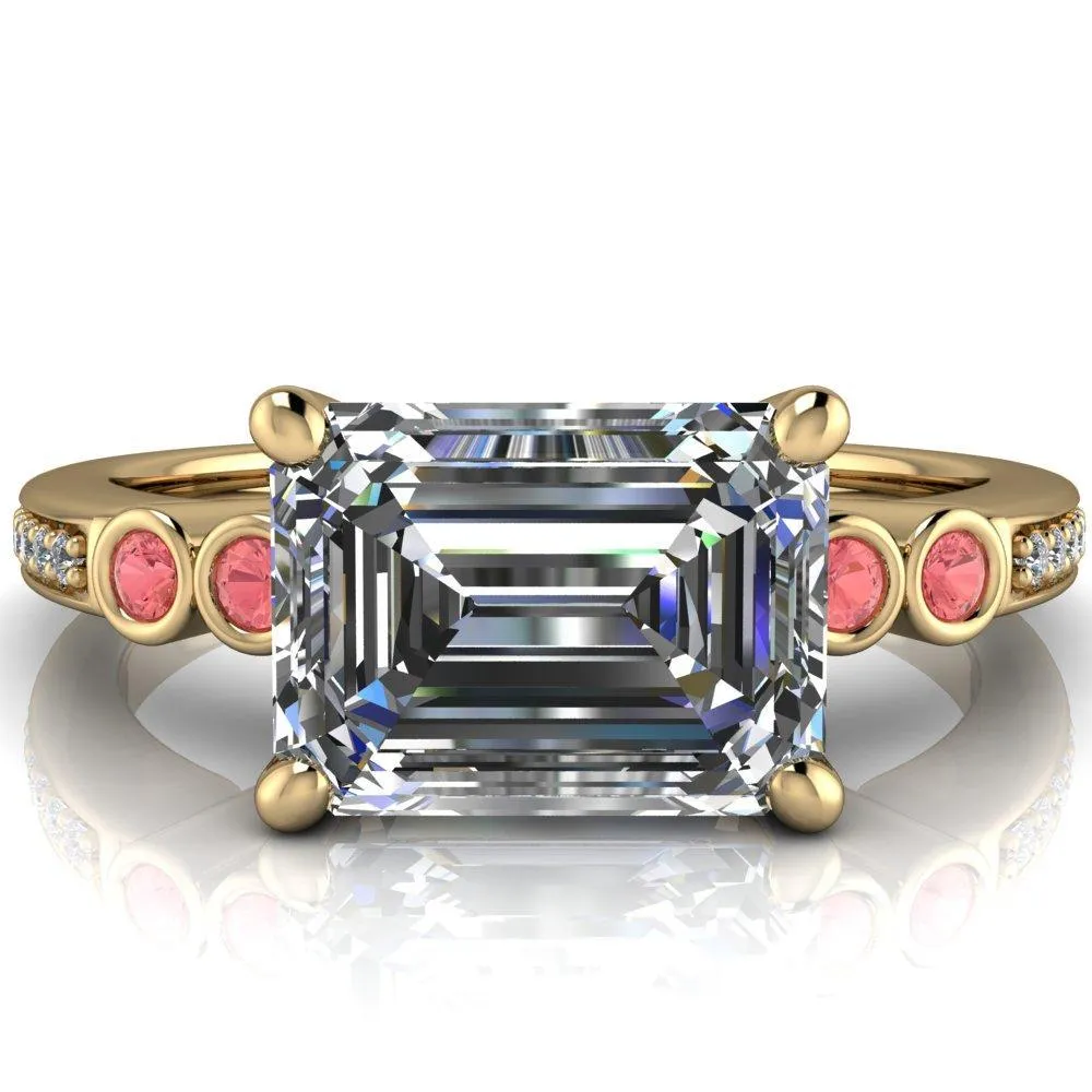 Philippa Emerald Moissanite 4 Padparadscha Sapphire Sides 4 Prong Under Bezel Multi Stone Engagement Ring