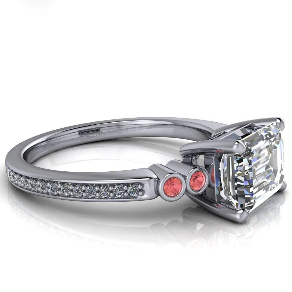 Philippa Emerald Moissanite 4 Padparadscha Sapphire Sides 4 Prong Under Bezel Multi Stone Engagement Ring