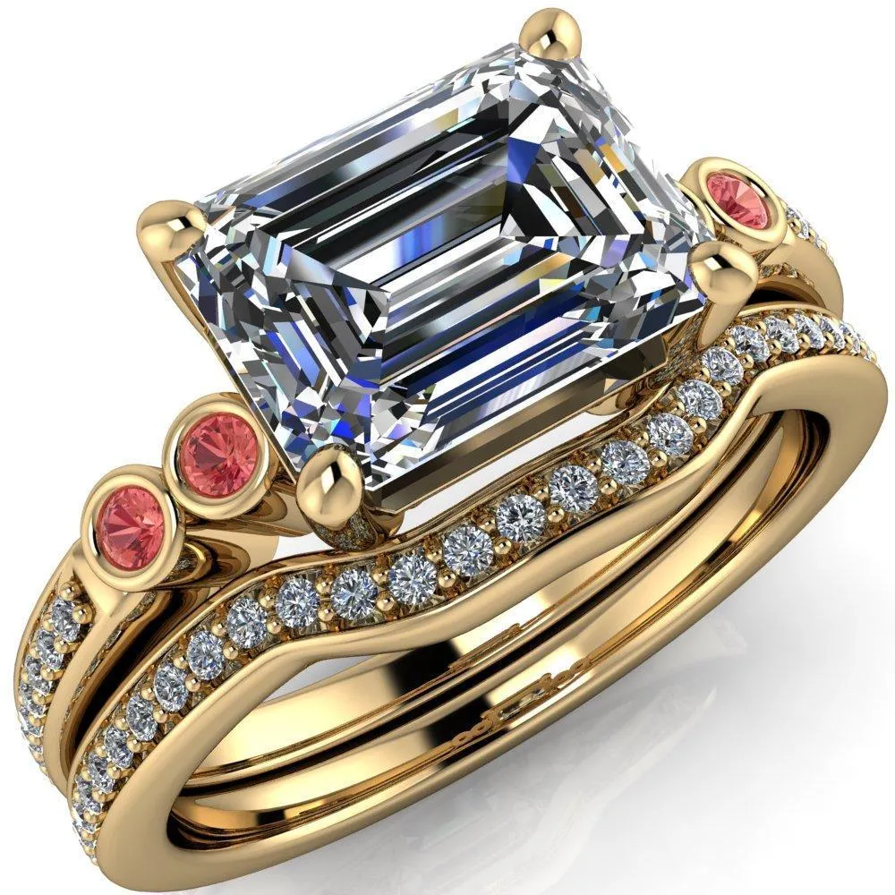 Philippa Emerald Moissanite 4 Padparadscha Sapphire Sides 4 Prong Under Bezel Multi Stone Engagement Ring