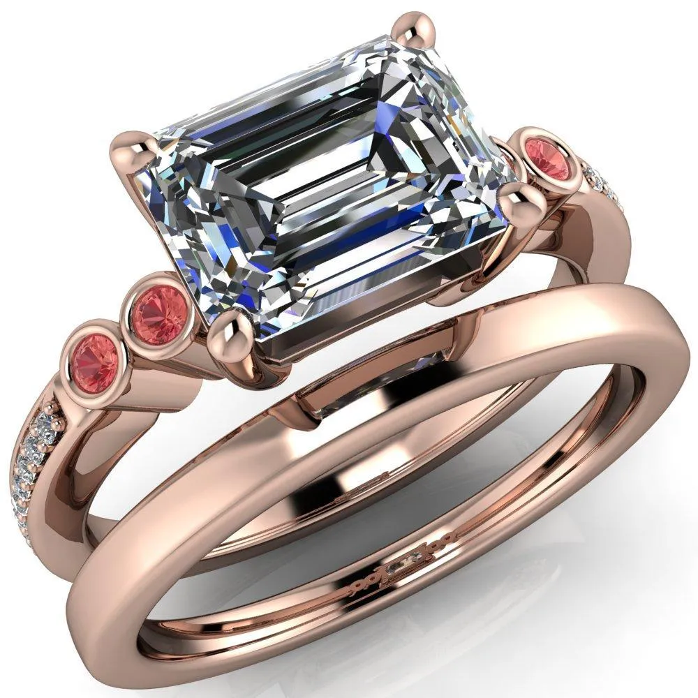 Philippa Emerald Moissanite 4 Padparadscha Sapphire Sides 4 Prong Under Bezel Multi Stone Engagement Ring