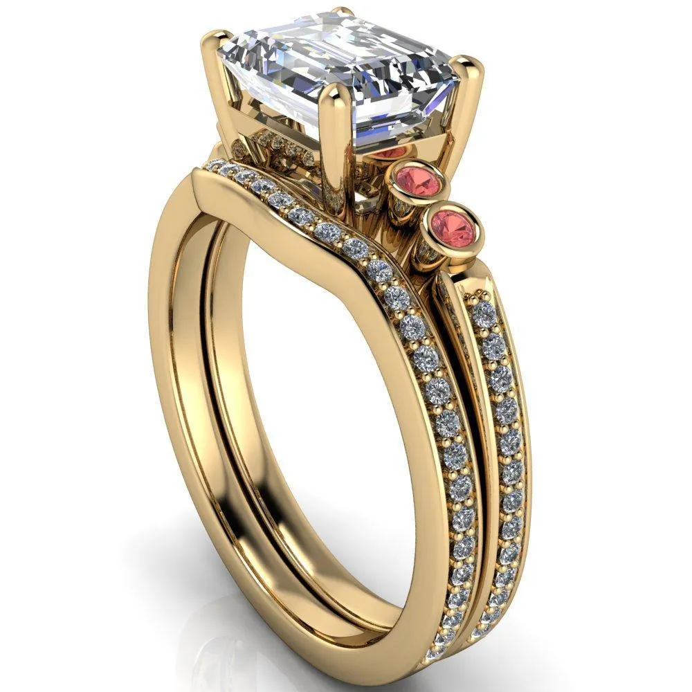 Philippa Emerald Moissanite 4 Padparadscha Sapphire Sides 4 Prong Under Bezel Multi Stone Engagement Ring