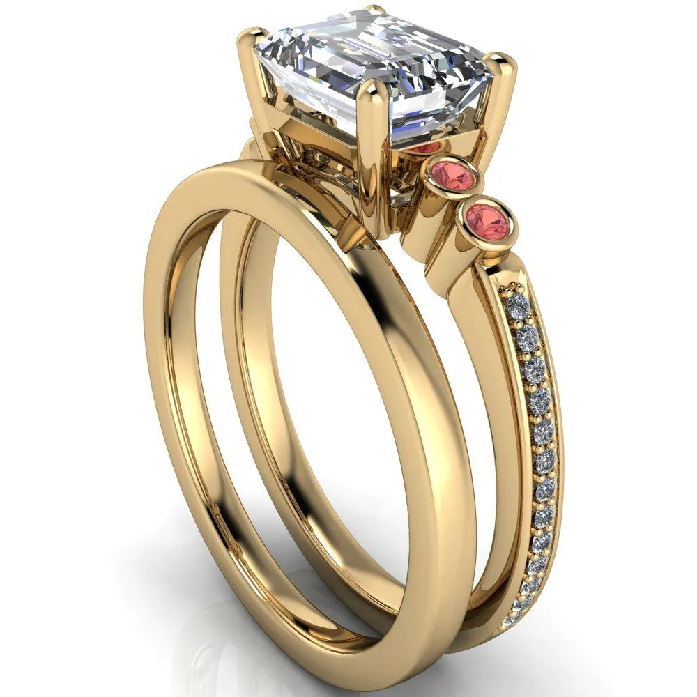 Philippa Emerald Moissanite 4 Padparadscha Sapphire Sides 4 Prong Under Bezel Multi Stone Engagement Ring