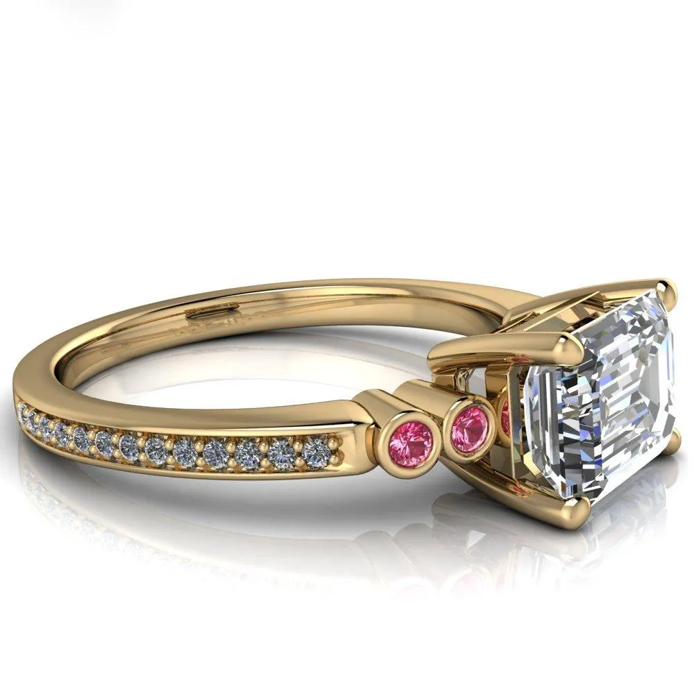 Philippa Emerald Moissanite 4 Pink Sapphire Sides 4 Prong Under Bezel Multi Stone Engagement Ring