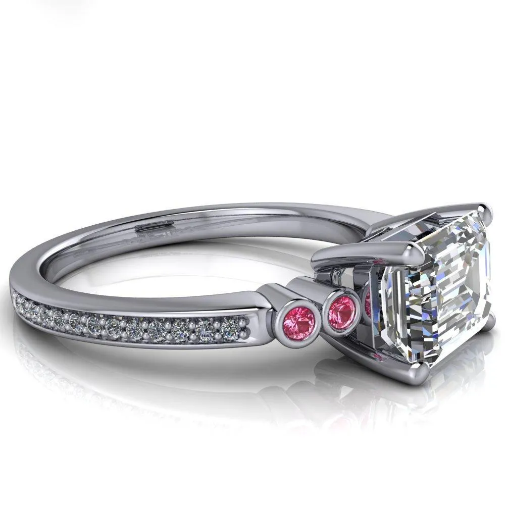 Philippa Emerald Moissanite 4 Pink Sapphire Sides 4 Prong Under Bezel Multi Stone Engagement Ring