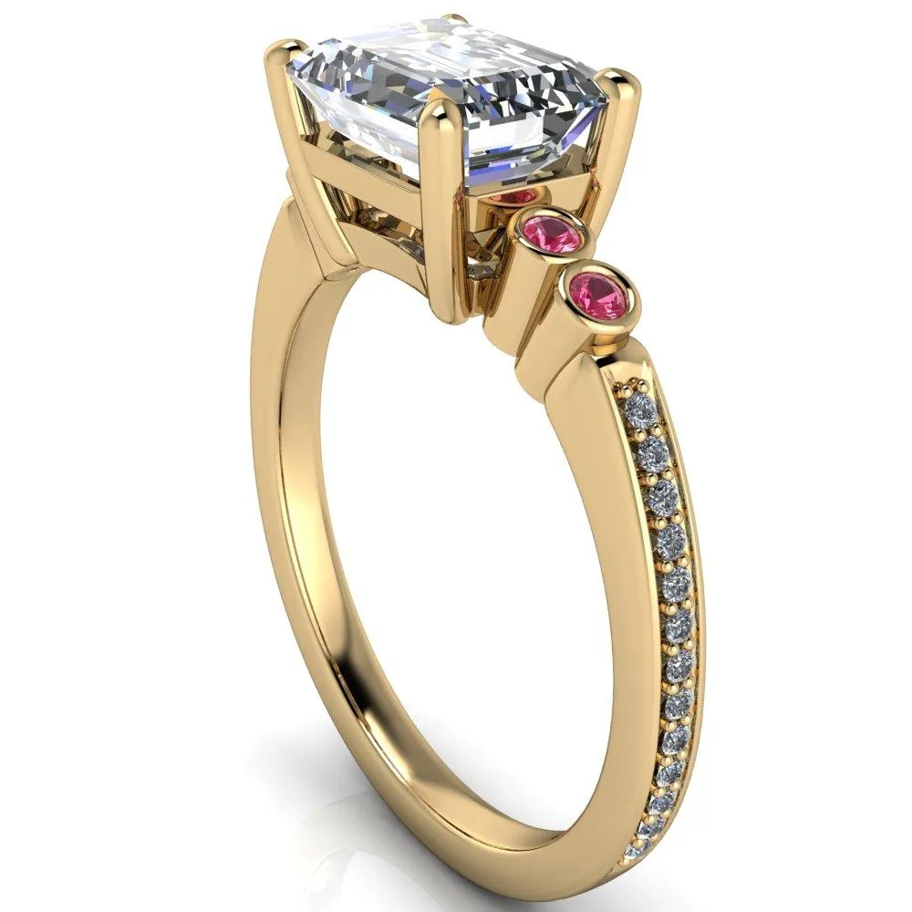Philippa Emerald Moissanite 4 Pink Sapphire Sides 4 Prong Under Bezel Multi Stone Engagement Ring