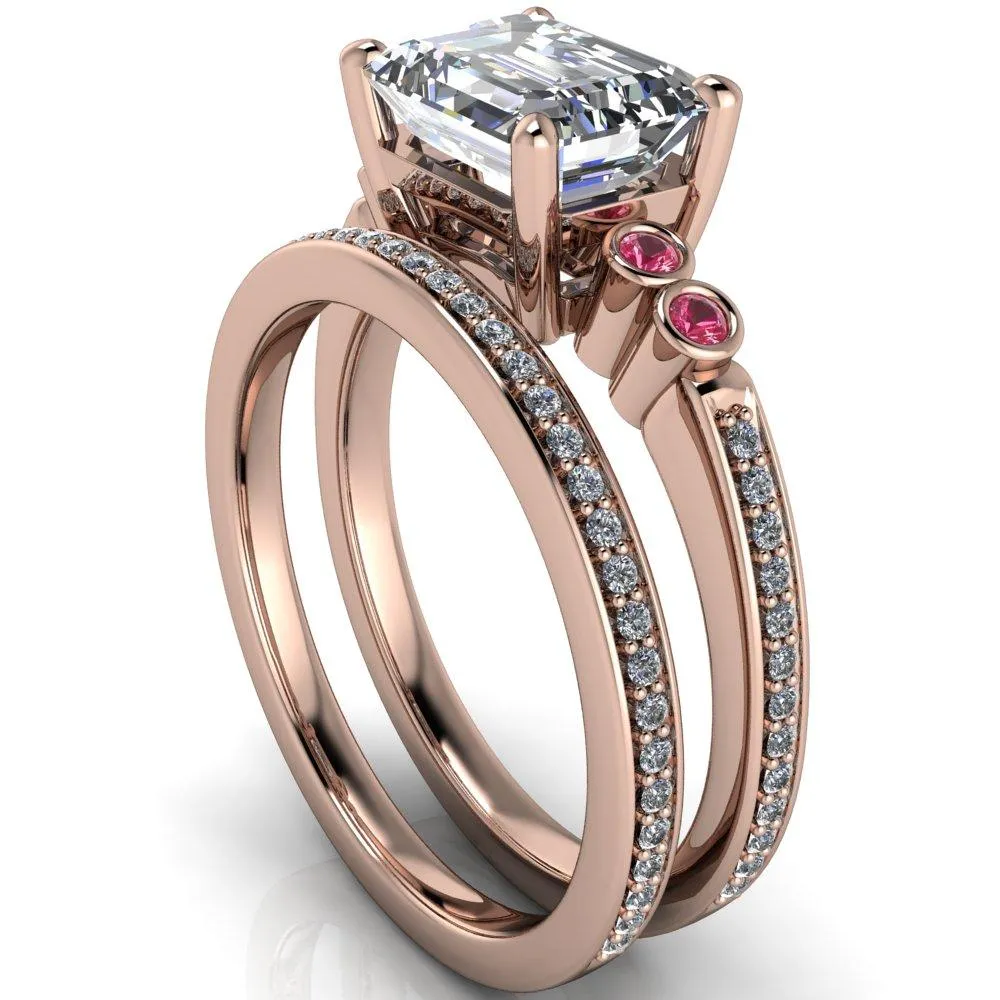 Philippa Emerald Moissanite 4 Pink Sapphire Sides 4 Prong Under Bezel Multi Stone Engagement Ring