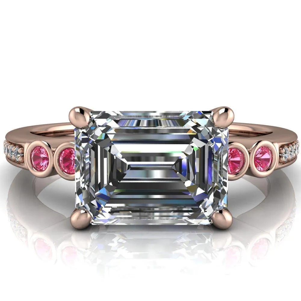 Philippa Emerald Moissanite 4 Pink Sapphire Sides 4 Prong Under Bezel Multi Stone Engagement Ring
