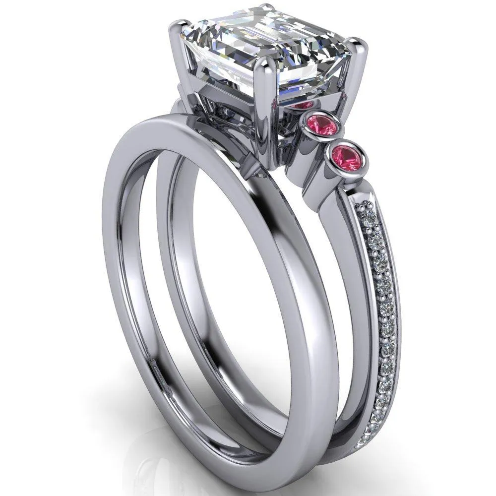 Philippa Emerald Moissanite 4 Pink Sapphire Sides 4 Prong Under Bezel Multi Stone Engagement Ring