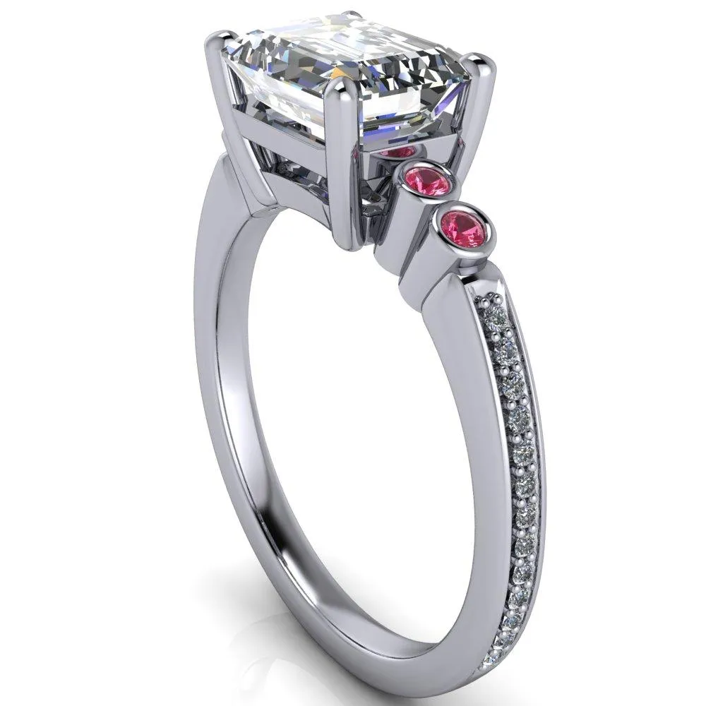 Philippa Emerald Moissanite 4 Pink Sapphire Sides 4 Prong Under Bezel Multi Stone Engagement Ring
