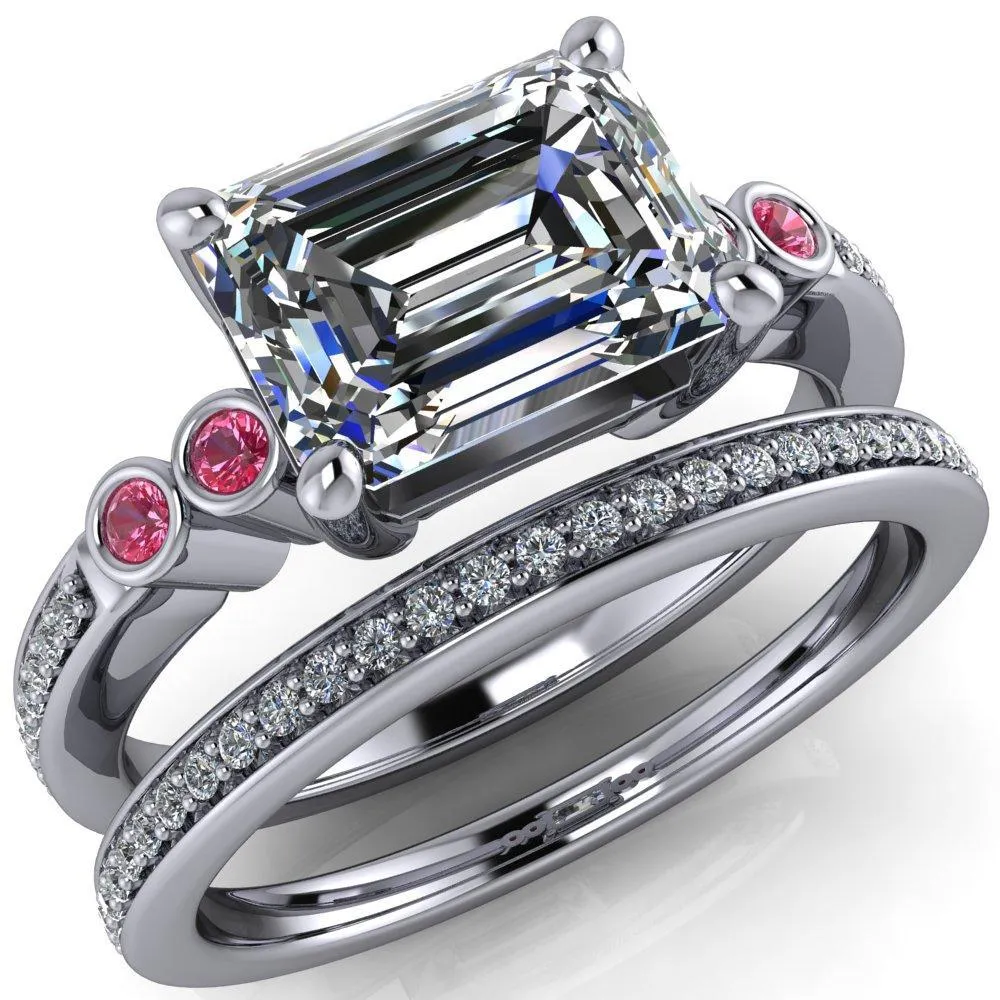 Philippa Emerald Moissanite 4 Pink Sapphire Sides 4 Prong Under Bezel Multi Stone Engagement Ring