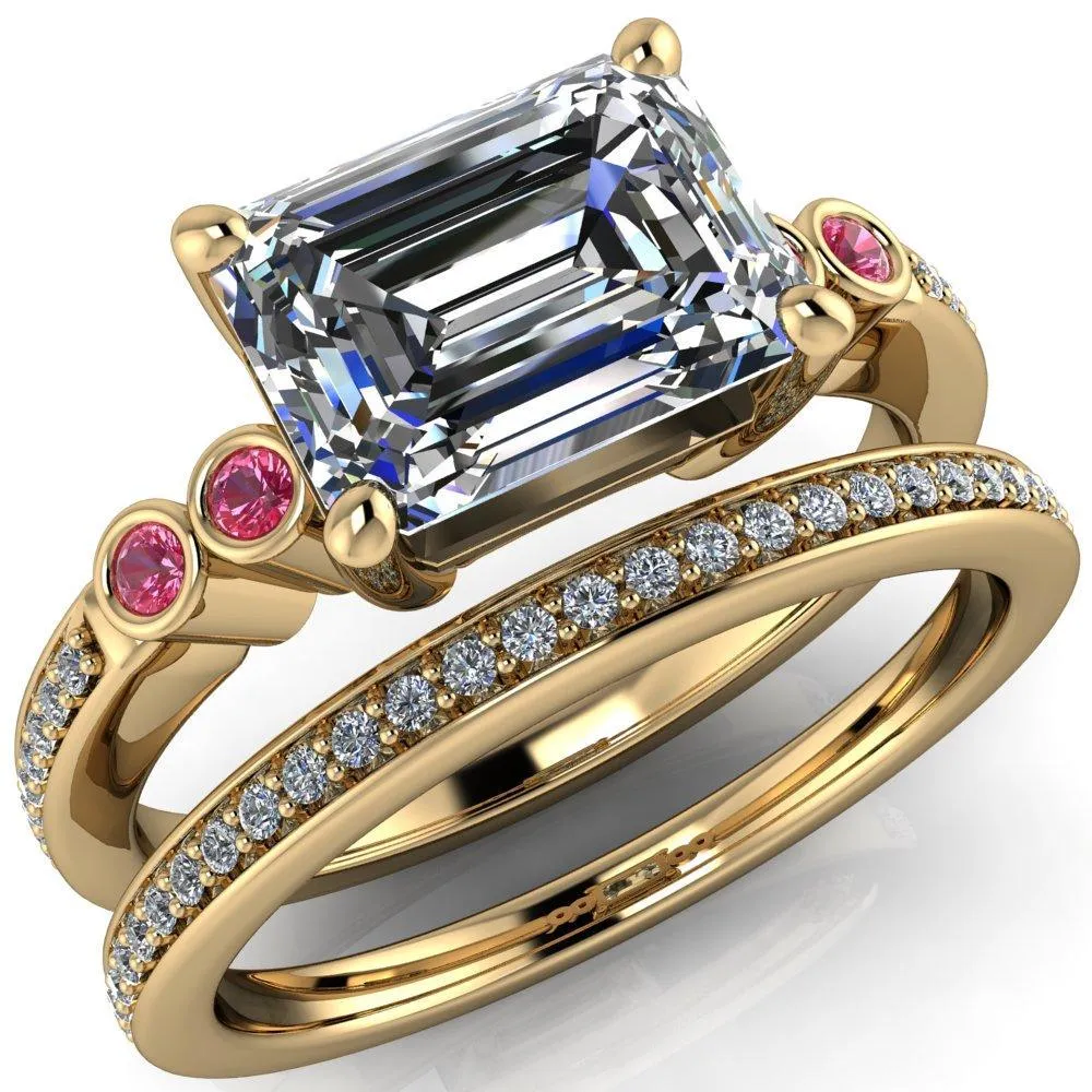 Philippa Emerald Moissanite 4 Pink Sapphire Sides 4 Prong Under Bezel Multi Stone Engagement Ring