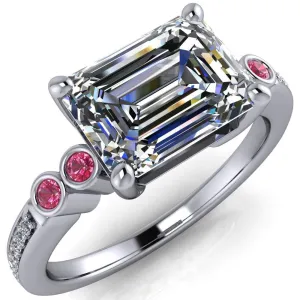 Philippa Emerald Moissanite 4 Pink Sapphire Sides 4 Prong Under Bezel Multi Stone Engagement Ring