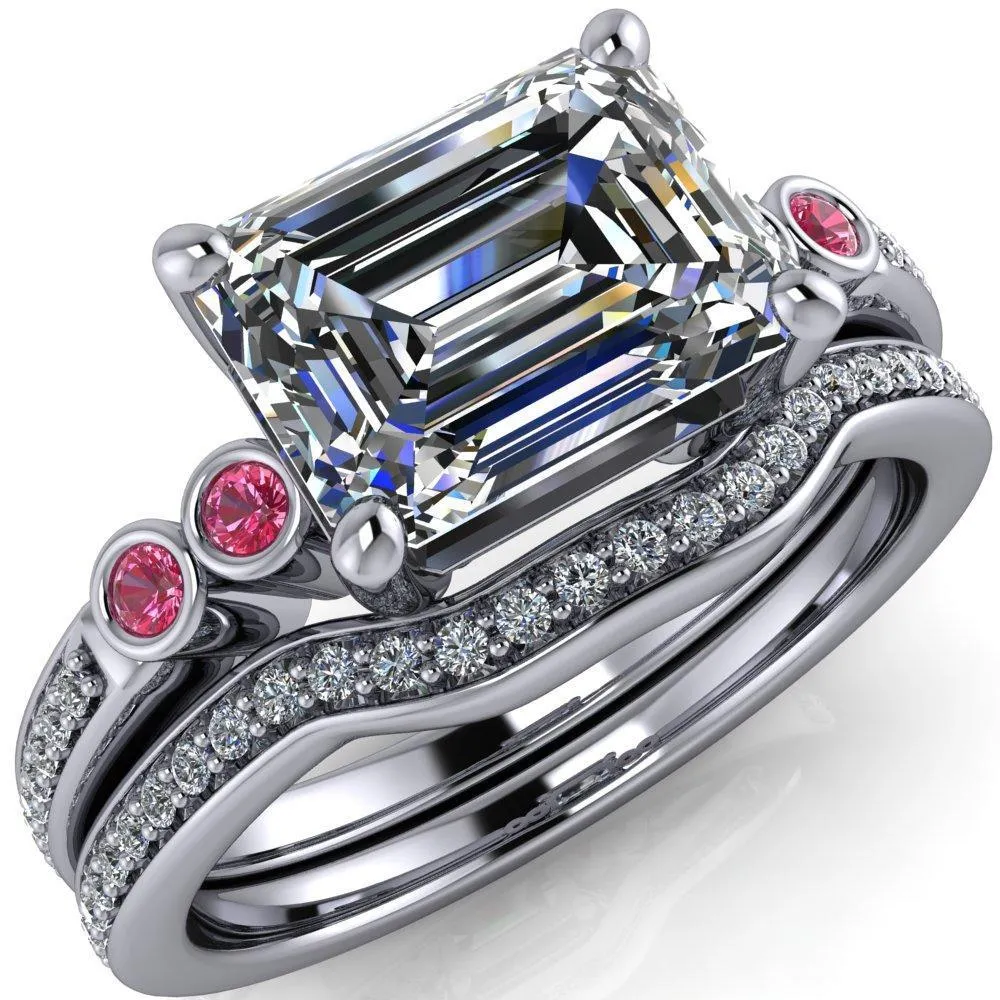 Philippa Emerald Moissanite 4 Pink Sapphire Sides 4 Prong Under Bezel Multi Stone Engagement Ring