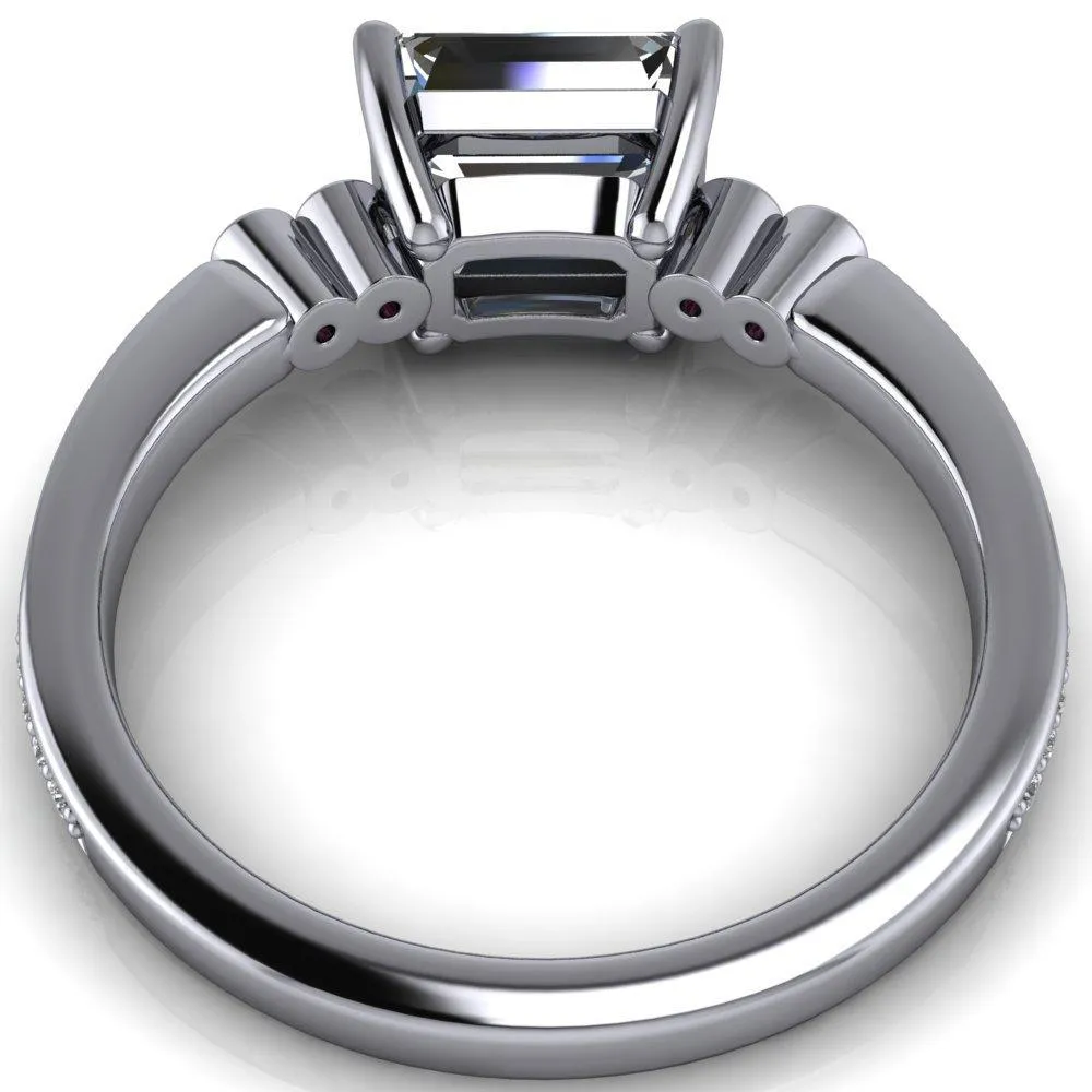Philippa Emerald Moissanite 4 Pink Sapphire Sides 4 Prong Under Bezel Multi Stone Engagement Ring