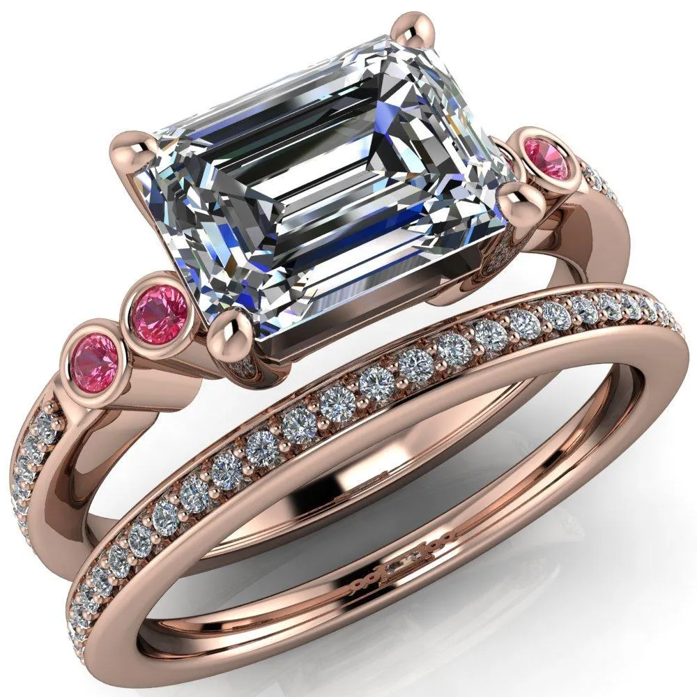 Philippa Emerald Moissanite 4 Pink Sapphire Sides 4 Prong Under Bezel Multi Stone Engagement Ring