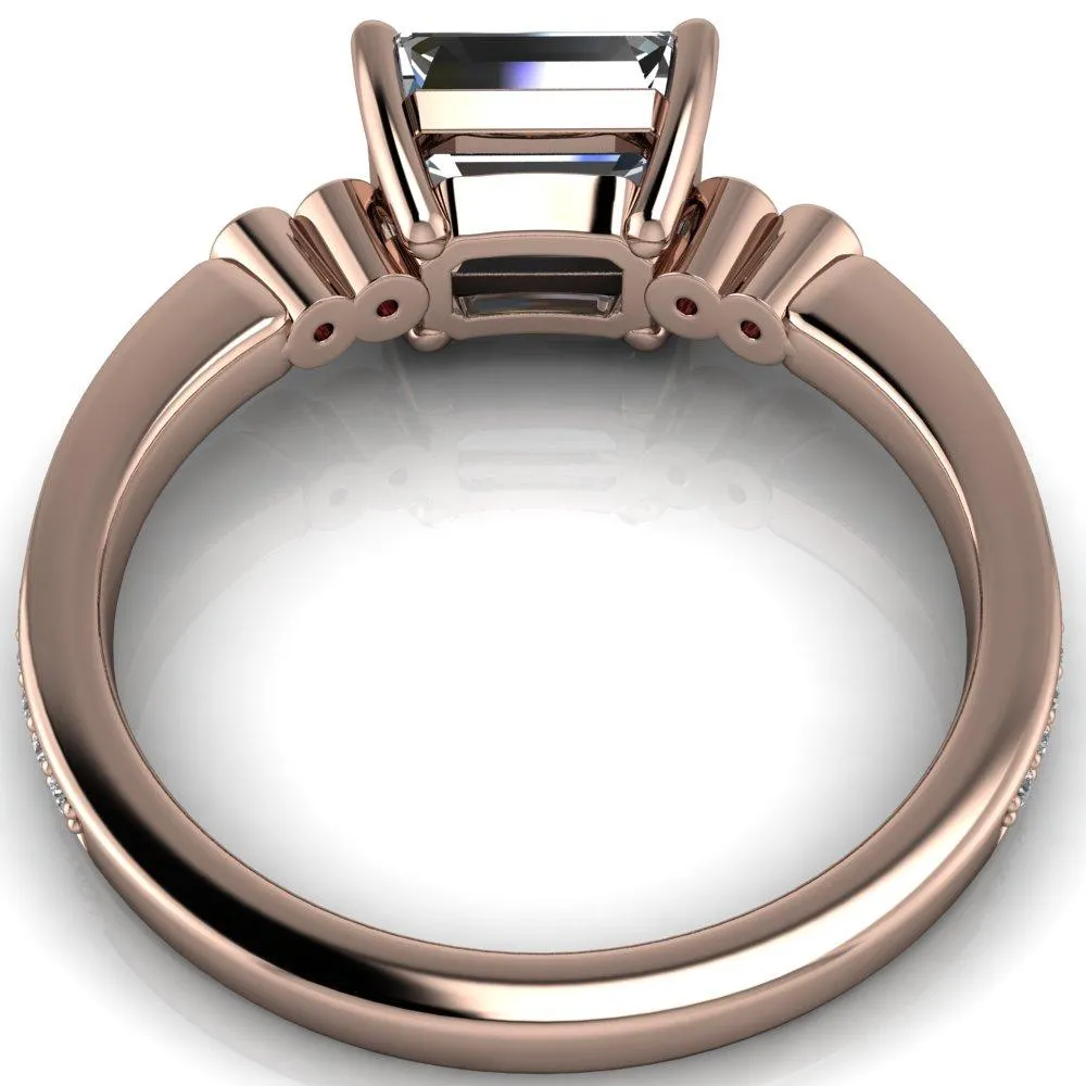 Philippa Emerald Moissanite 4 Pink Sapphire Sides 4 Prong Under Bezel Multi Stone Engagement Ring