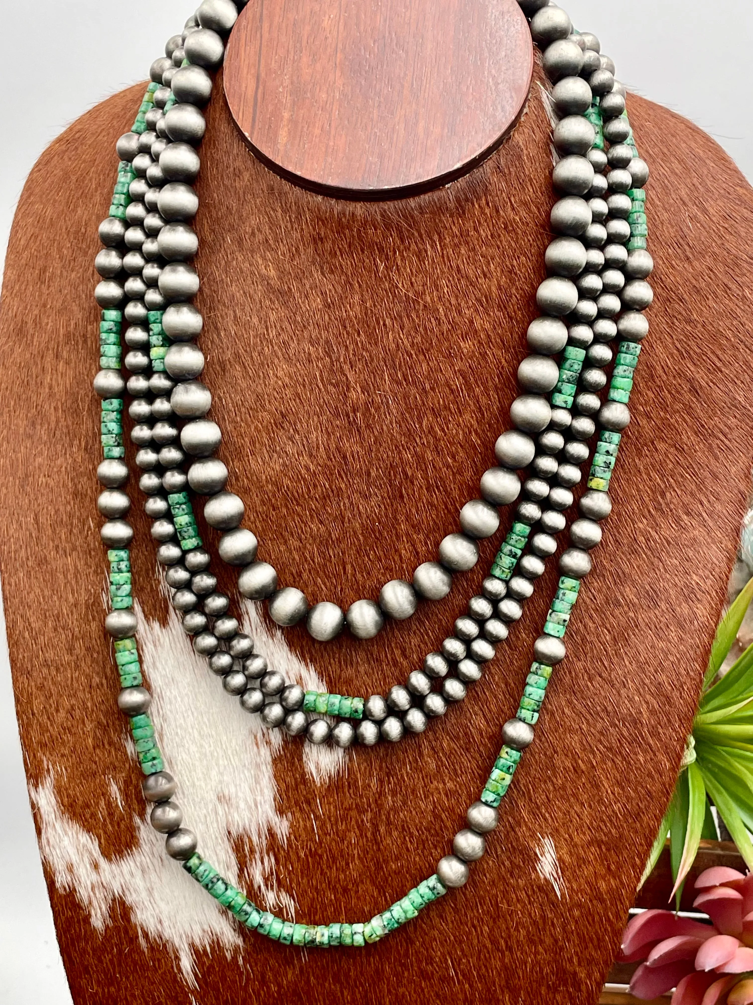 Pierre 4 Strand Navajo & Green Turquoise Cylinder Bead Necklace Set