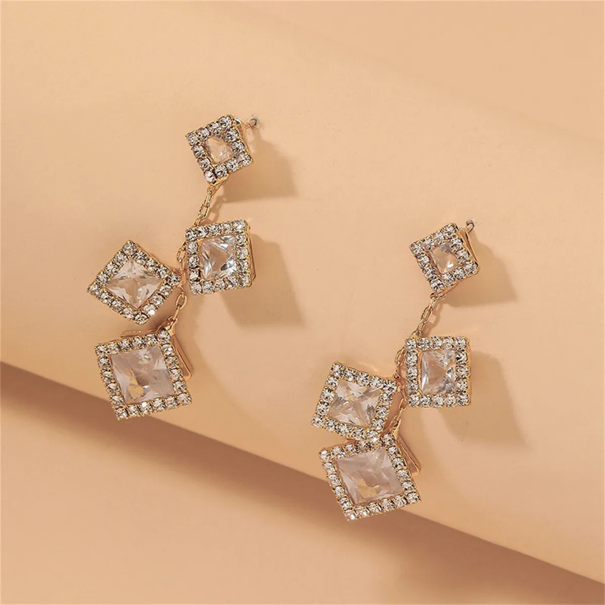 Pink Crystal & Cubic Zirconia 18K Gold-Plated Square Cluster Drop Earrings