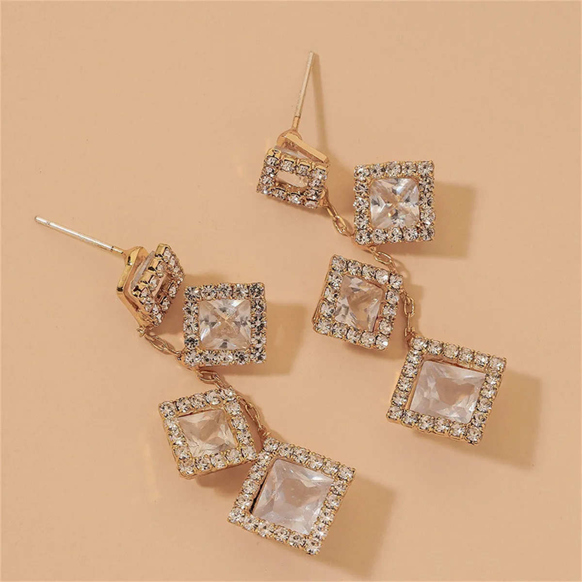 Pink Crystal & Cubic Zirconia 18K Gold-Plated Square Cluster Drop Earrings