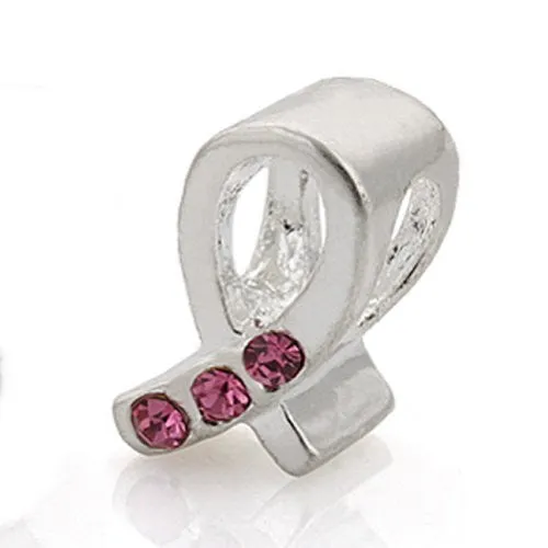 Pink  Crystals Ribbon Awarness European Bead Compatible for Most European Snake Chain Charm Bracelet