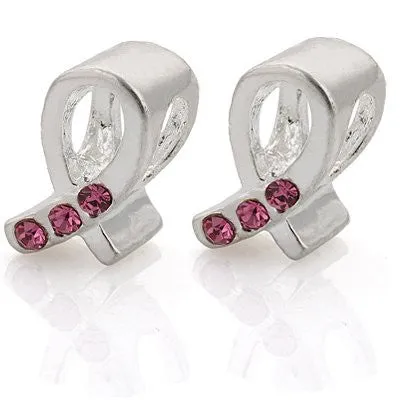 Pink  Crystals Ribbon Awarness European Bead Compatible for Most European Snake Chain Charm Bracelet