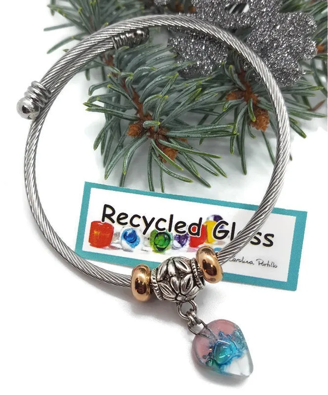 Pink White and Turquoise Elastic Cable Bangle Twisted Stainless Steel Bracelet. Easy to put on stretch memory wire. One size fits most
