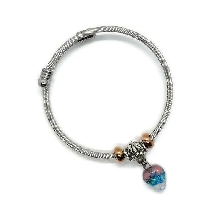 Pink White and Turquoise Elastic Cable Bangle Twisted Stainless Steel Bracelet. Easy to put on stretch memory wire. One size fits most