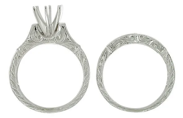 Platinum Art Deco Engraved Scrolls 3/4 Carat Round Diamond Engagement Ring Setting and Wedding Ring