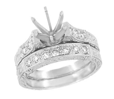 Platinum Art Deco Engraved Scrolls 3/4 Carat Round Diamond Engagement Ring Setting and Wedding Ring