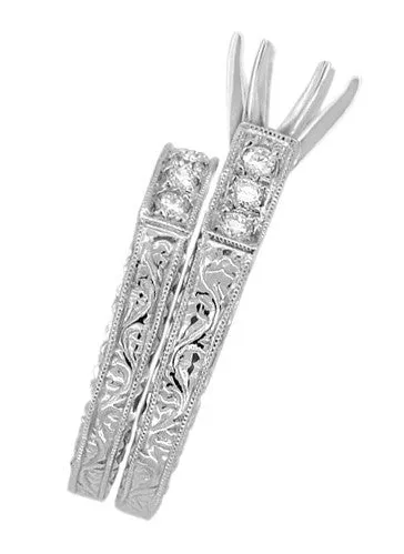 Platinum Art Deco Engraved Scrolls 3/4 Carat Round Diamond Engagement Ring Setting and Wedding Ring