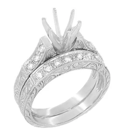 Platinum Art Deco Engraved Scrolls 3/4 Carat Round Diamond Engagement Ring Setting and Wedding Ring