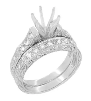 Platinum Art Deco Engraved Scrolls 3/4 Carat Round Diamond Engagement Ring Setting and Wedding Ring
