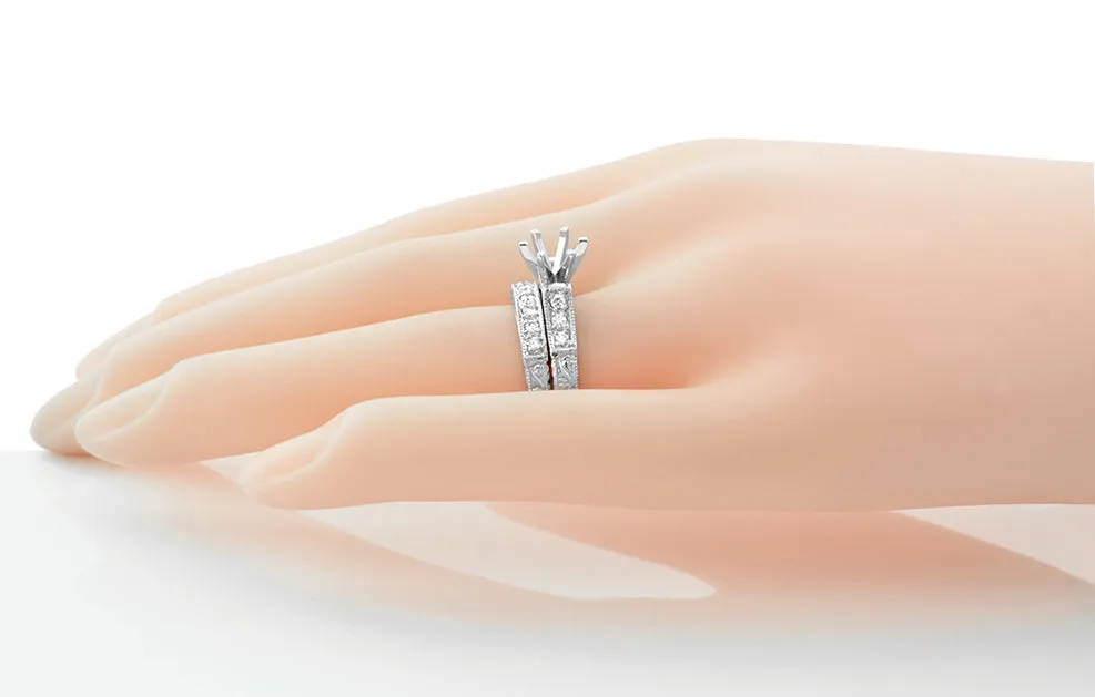 Platinum Art Deco Engraved Scrolls 3/4 Carat Round Diamond Engagement Ring Setting and Wedding Ring