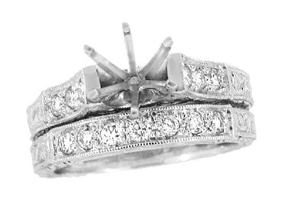 Platinum Art Deco Engraved Scrolls 3/4 Carat Round Diamond Engagement Ring Setting and Wedding Ring