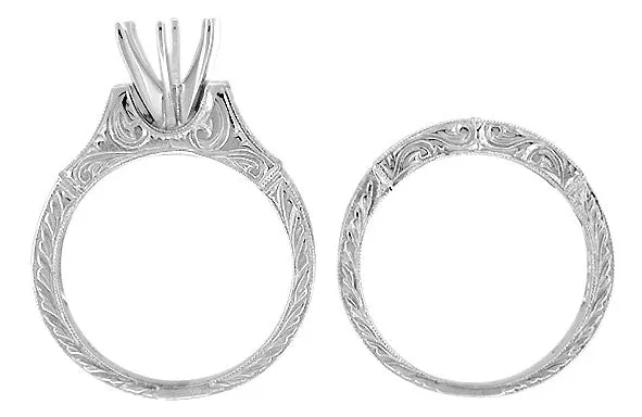 Platinum Art Deco Hand Engraved Scrolls 2 Carat Round Diamond Engagement Ring Setting and Matching Diamond Wedding Ring