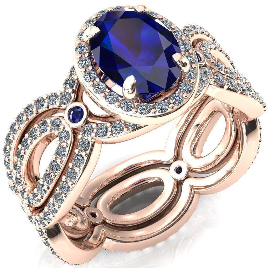 Polaris Oval Blue Sapphire Diamond Halo Full Eternity Blue Sapphire Bezel Diamond Accent Ring